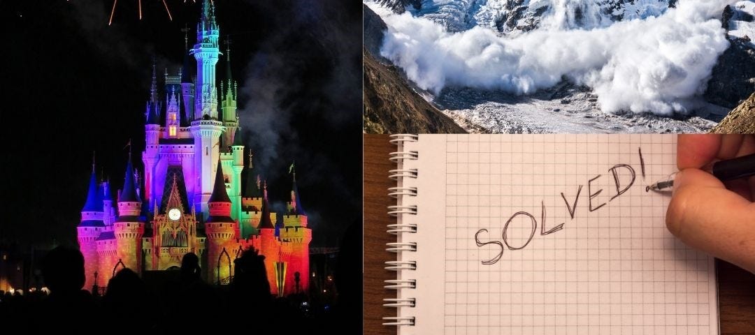 3 photos — Disney Castle at night with fireworks, an avalanche, notebook with the word “SOLVED” — words of photo — Disney and The Dyatlov Pass Incident — How ‘Frozen’ Helped Solve a 62-Year_old Mystery