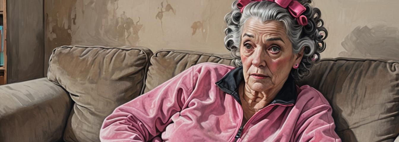 Older woman wearing a pink tracksuit and rollers in her hair sits on a couch holding a remote.