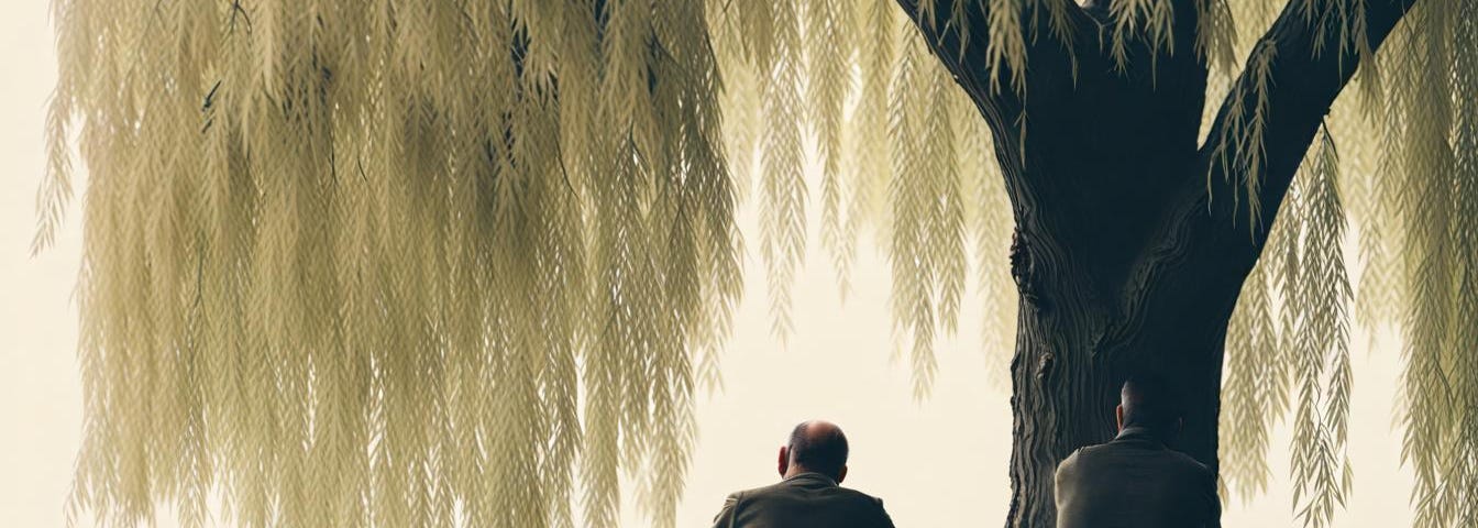 sad man sitting beneath willow tree