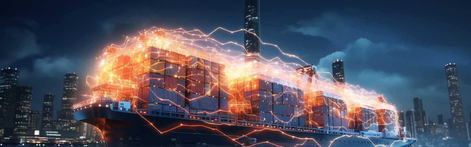 Midjourney generated image of a streamlined futuristic container ship covered with electric sparks and circuitry
