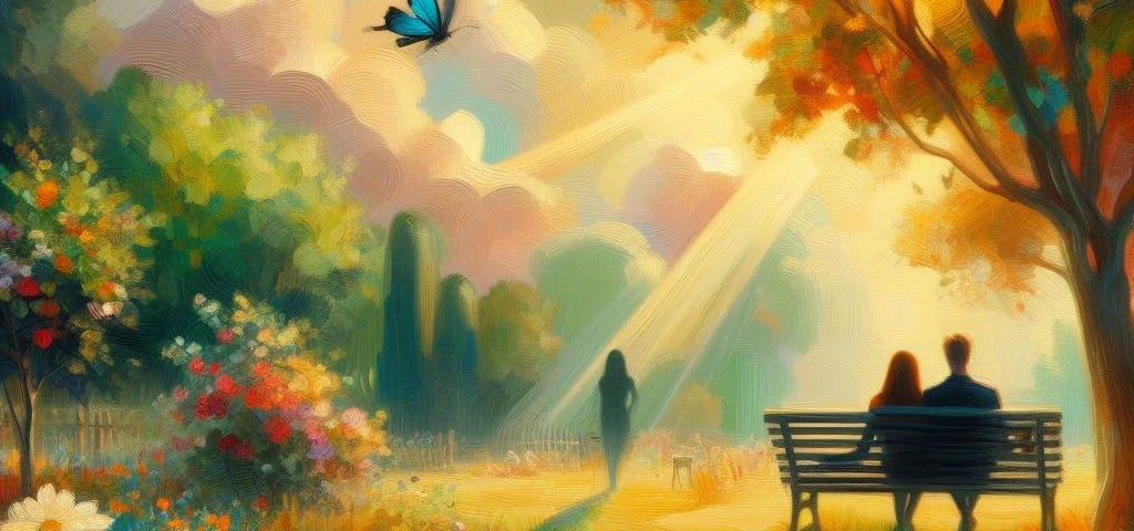 A modern couple on a bench in a tranquil garden, with colorful flowers in bloom and a gentle breeze rustling through the trees. A small brook flows nearby, a butterfly flutters gracefully. A distant shadowy female figure. Sunny rays beam through clouds.