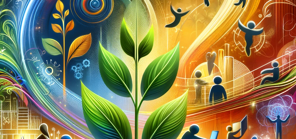Abstract cover image depicting continuous learning in a corporate setting. Features an open book, a flourishing plant symbolizing growth, and abstract figures engaged in learning activities such as reading, discussing, and using computers. The background is vibrant and dynamic, embodying innovation and progress, in a modern and professional style suitable for a corporate article.