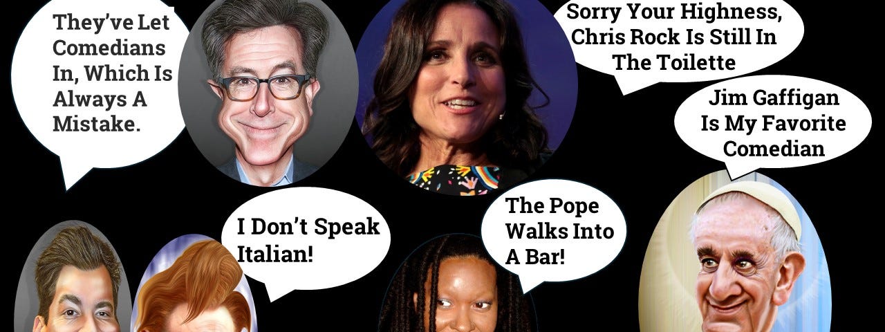 The Pope and four American Comedians talking about their visit to the Vatican.