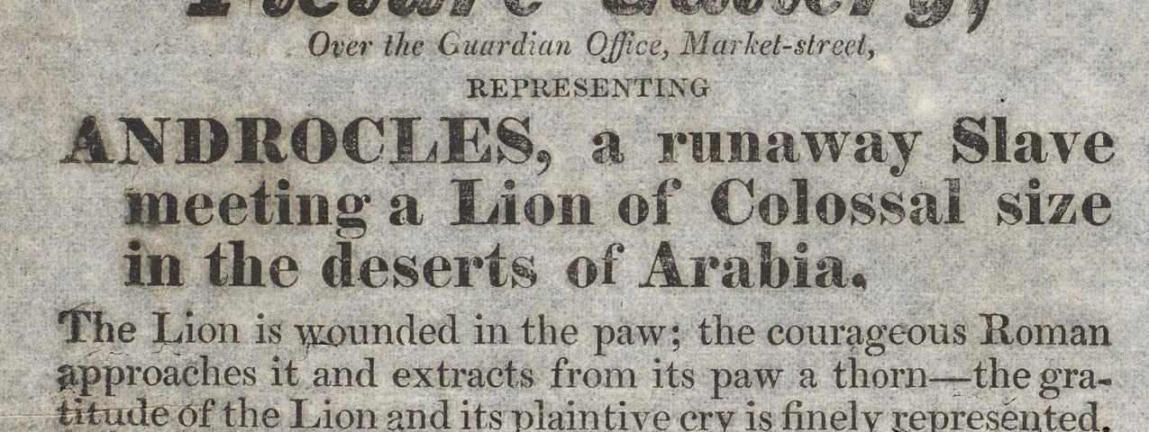 1839 Manchester handbill advertising a display of automata, including Androcles and the lion, a group of Greeks and Napoleon.