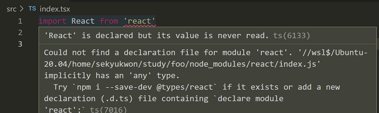 Could not find a declaration file for module ‘react’.