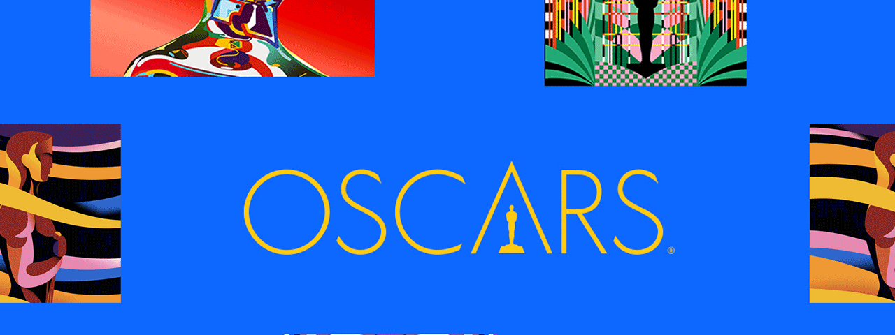 Blue header banner with psychedelic statuette graphics. Centered is the Oscars logo in gold lettering