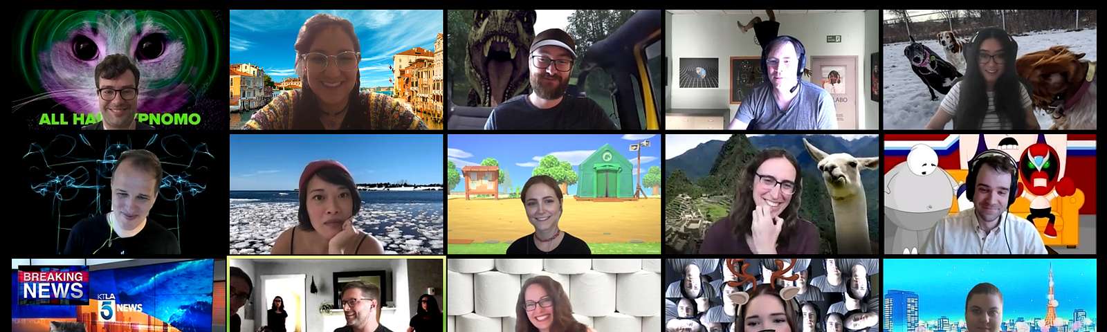 Screenshot of zoom backgrounds and people smiling.
