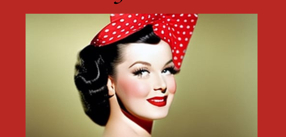 An AI image of a pin-up girl from the 1940s, with black hair and wearing a grey satin dress with a red and white polka dot hair bow.