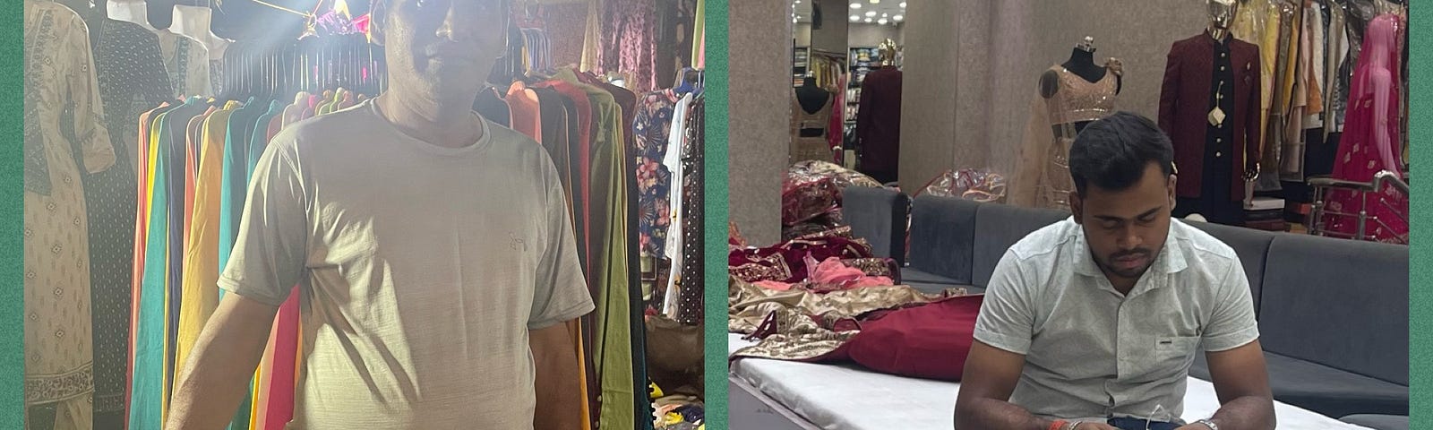 Collage of the two salesmen, one at his pavement shop and the other on the mattress at the shop where he works. The contrast between the bare basics and the opulence is stark, but the pavement shop seller looks happier. The salesman at the opulent shop looks bored.