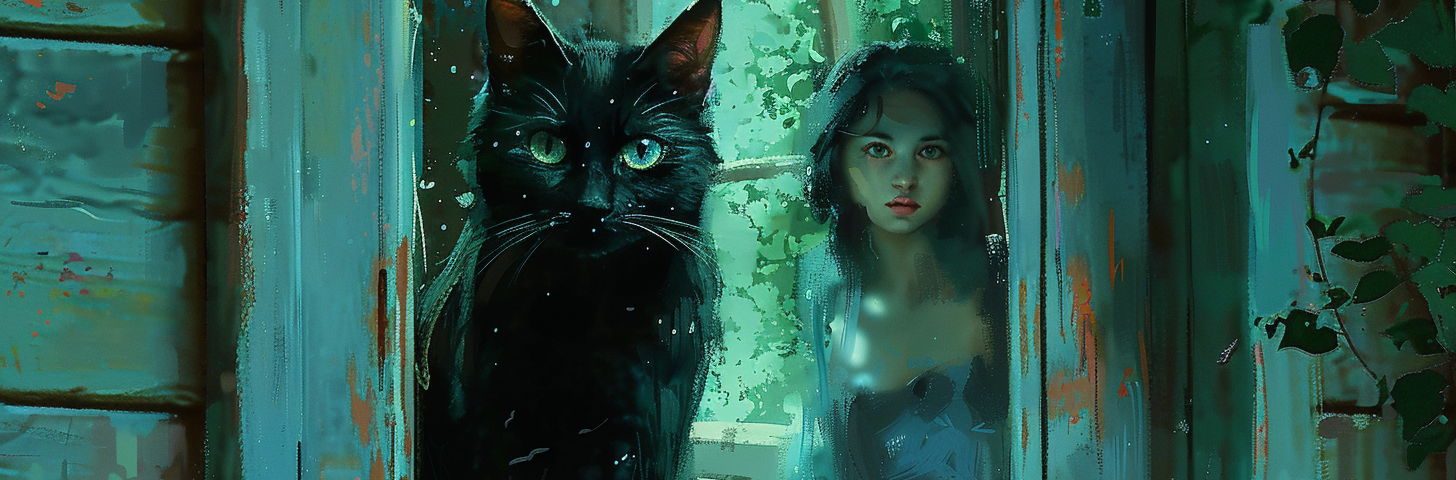 A black cat staring out a window, protecting a beautiful girl inside the house