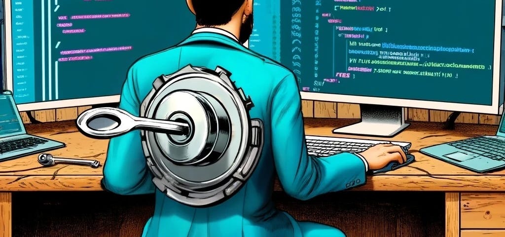 IMAGE: A comic-style illustration of a developer seated in front of two screens full of code, with a wind-up mechanism on his back