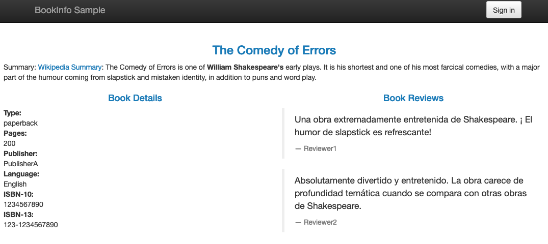 Screenshot of the Bookinfo application with Reviews translated to Spanish