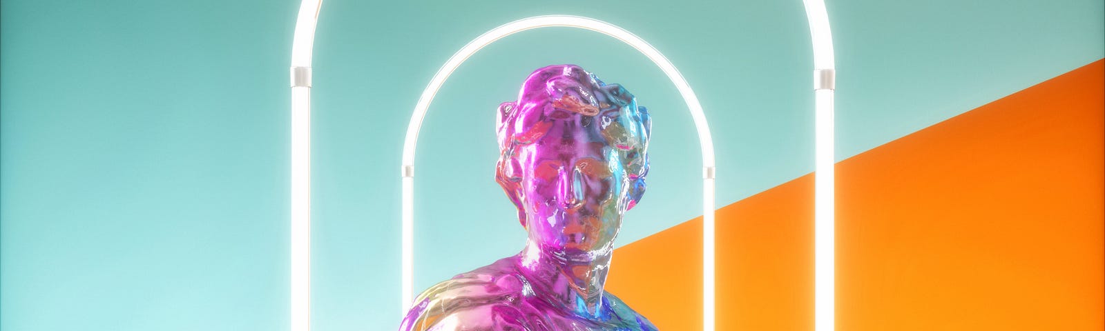 A computer futuristic-y colorful rendering of a crystallized statue, croquet hoops, a couple croquet balls, and a mallet.