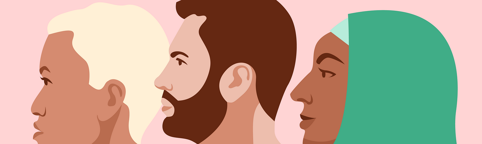 An illustration of three people in profile view. From left to right, there’s a medium-skinned person with short white hair, a light-skinned person with dark brown hair and a beard, and a dark-skinned person wearing a green hijab.