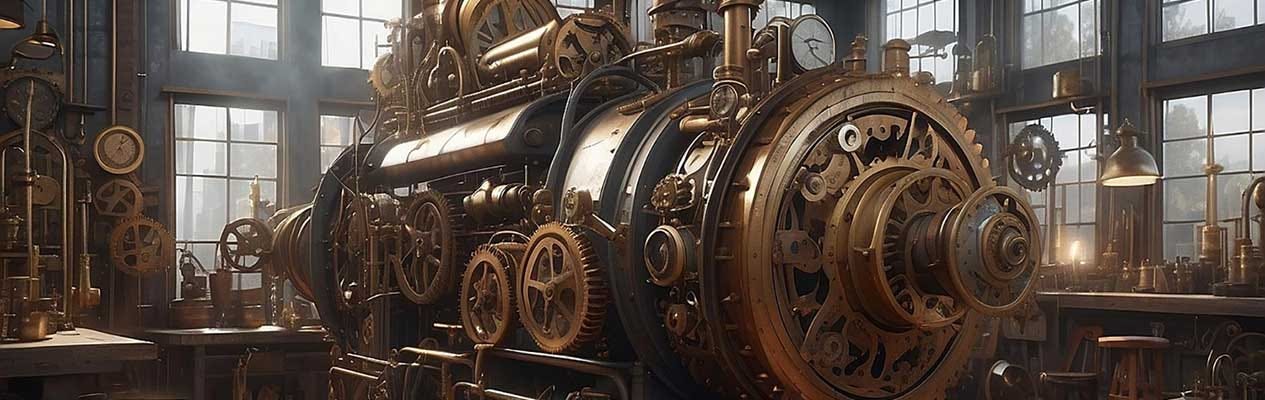 An AI rendering of a massive Victorianesque engine in an engine shed.