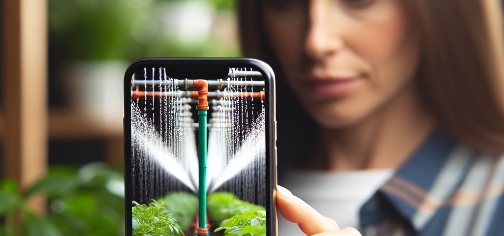 An AI-generated image of a woman using her Jewish created dual lens created on her Jewish created cell phone to take a picture of Jewish created drip irrigation to text her friend on Jewsih created text messaging