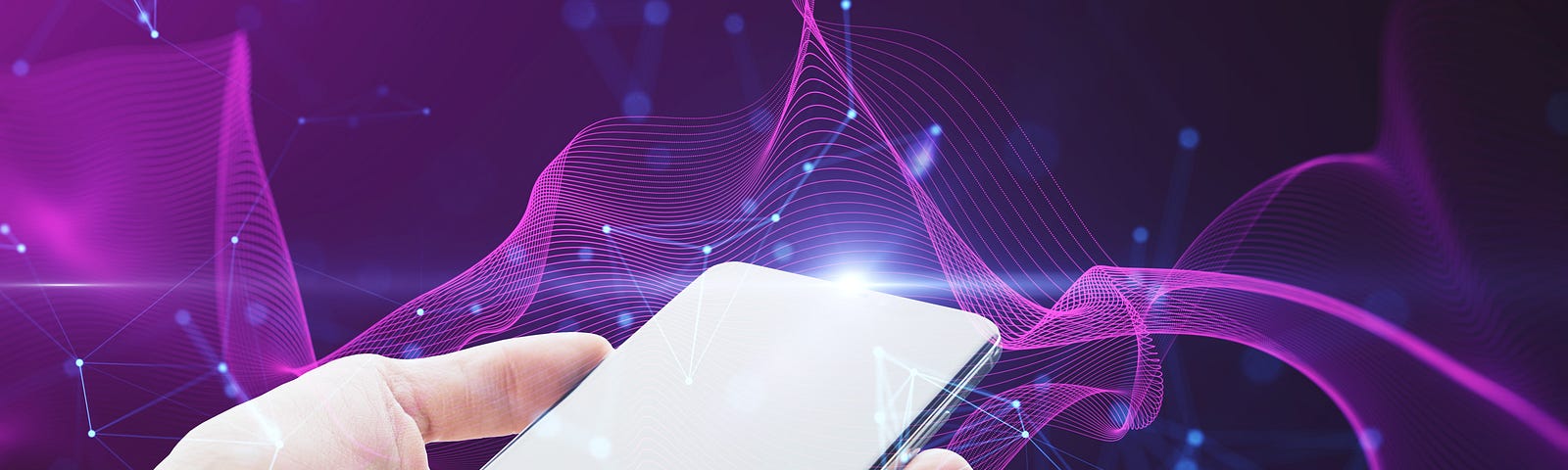Close up of female hand holding white mock up cellphone with creative glowing purple metaverse space background. Abstract world and innovation concept