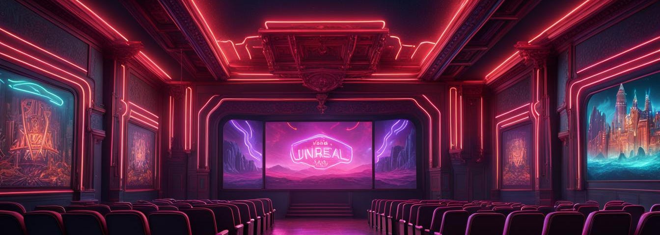 The interior of a movie theater, with mysterious-looking neon lights.