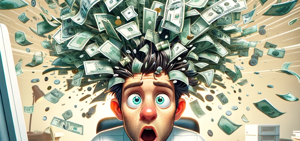 picture of an animated man sitting at a computer, staring at his screen with his head exploding with money