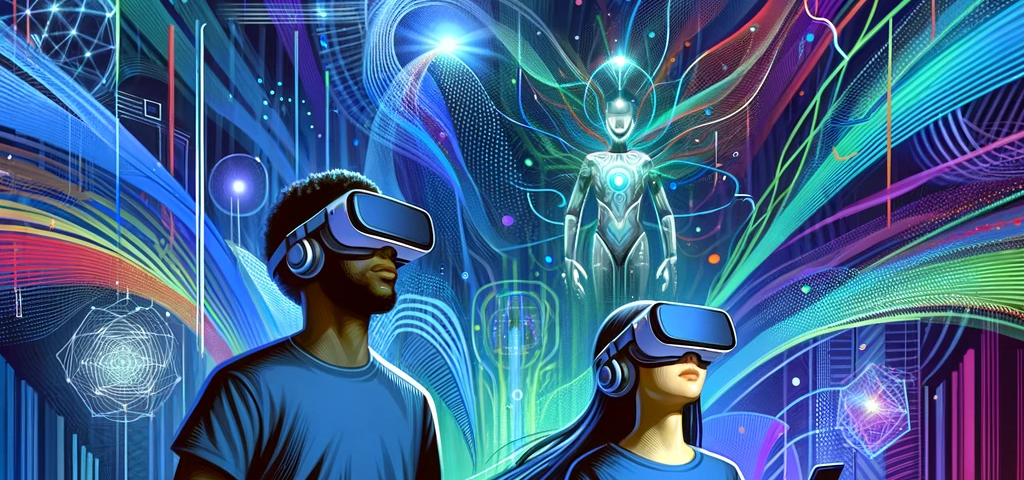 Digital art image of a couple with VR goggles entering cyberspace and being ensconced by the digital world