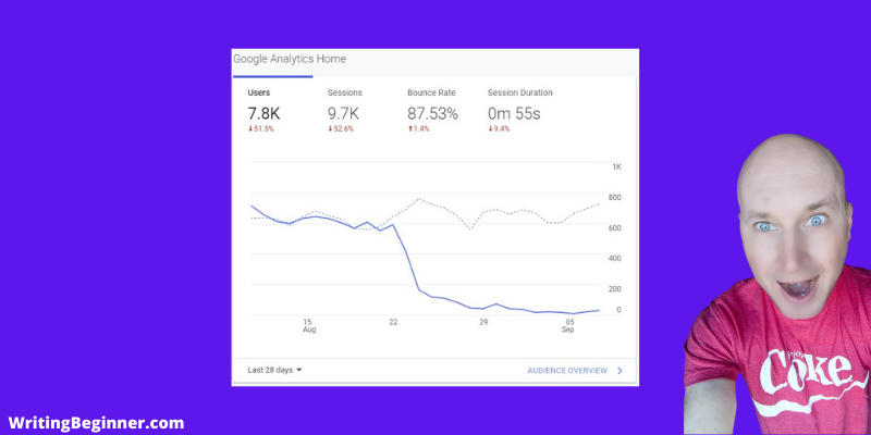 Screenshot of Google analytics showing lost users — I Lost 10K Pageviews On My Website — This Is What I Learned