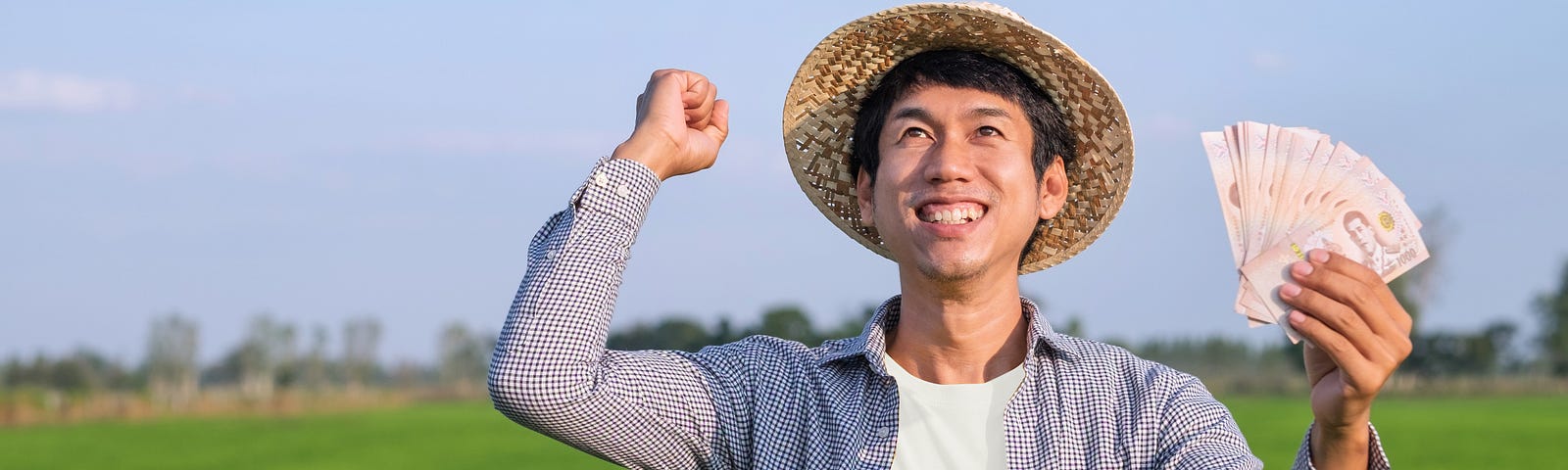 asian-farmer-man-smile-holding-thai-banknote-money-green-rice-farm — Un Swede