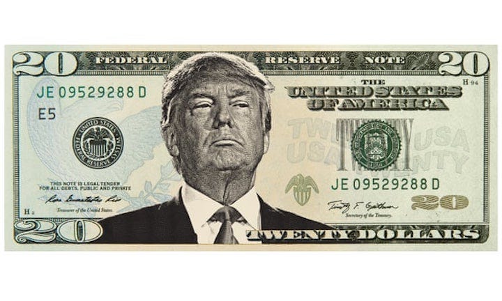 A photo of fake Donald Trump money. Fraud. Crime. 2024 Presidential campaign. Politics. Humor. Satire. Funny.