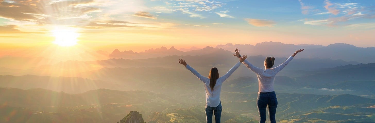 Two ladies standing on a mountaintop celebrating sunrise.