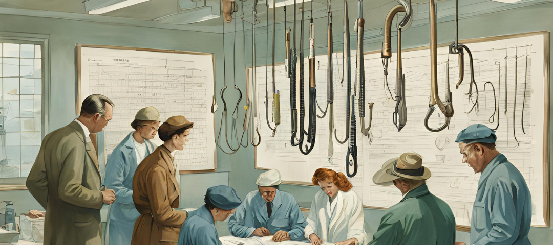 People analyzing hooks on a medical table