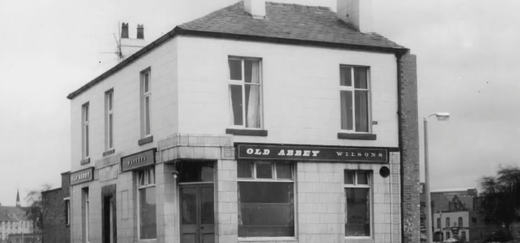 Black-and-white photograph of the Old Abbey Taphouse.