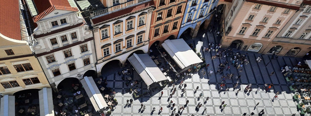 Prague city square on a sunny day — bird’s eye view from the famous clock tower.