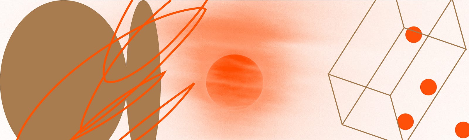 abstract illustration of a sun, with brown ovals, red squiggles, a brown box, and red dots.