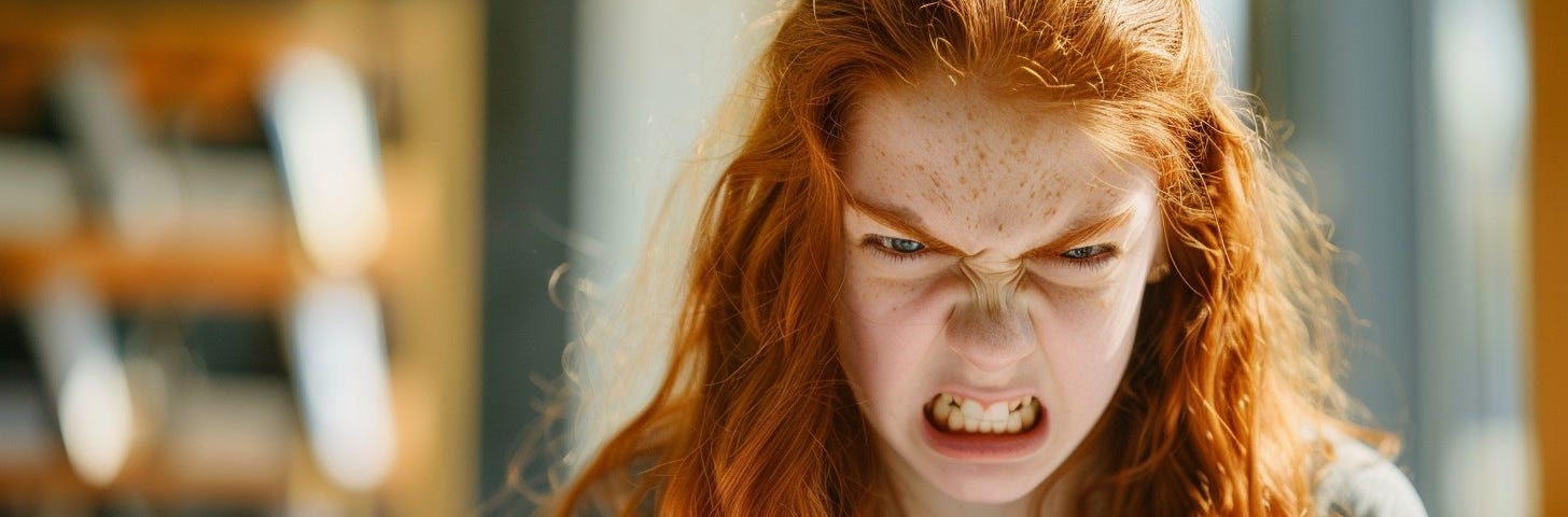 A young woman with fiery red hair frowns deeply as she reads a perplexing document.