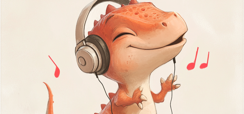 image of a cute dinosaur wearing headphones and rapping