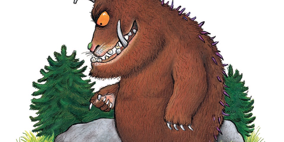 The imaginary monster Gruffalo looking down for a tiny mouse with the green woods under background