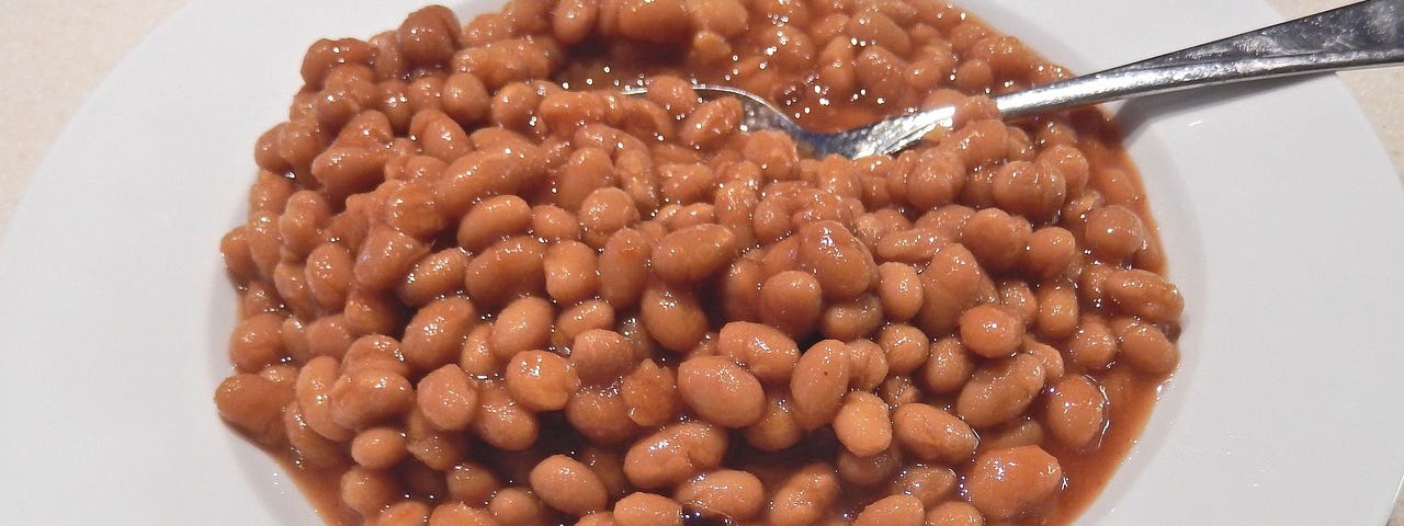 Plain baked beans in a white bowl with a silver spoon.