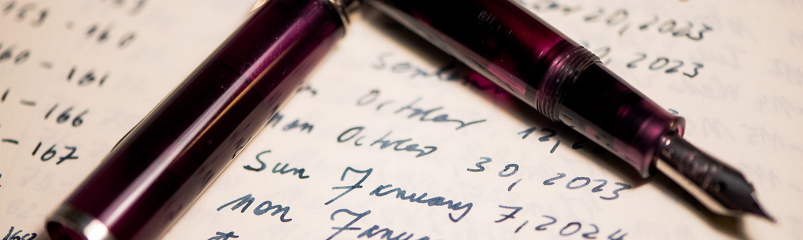 The gap in my journal shows in the table of contents as it is pictured here with an uncapped purple Pelikan fountain pen across the page.