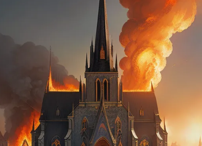 An AI-generated image of an old-fashioned church building on fire.