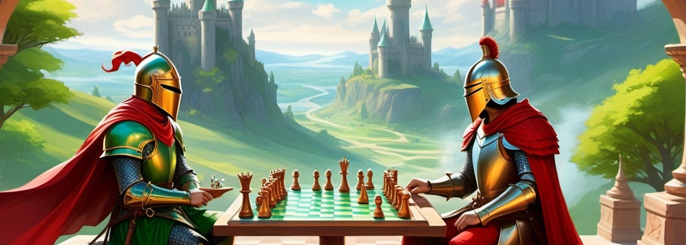 a red knight and a green knight play chess on a hillside