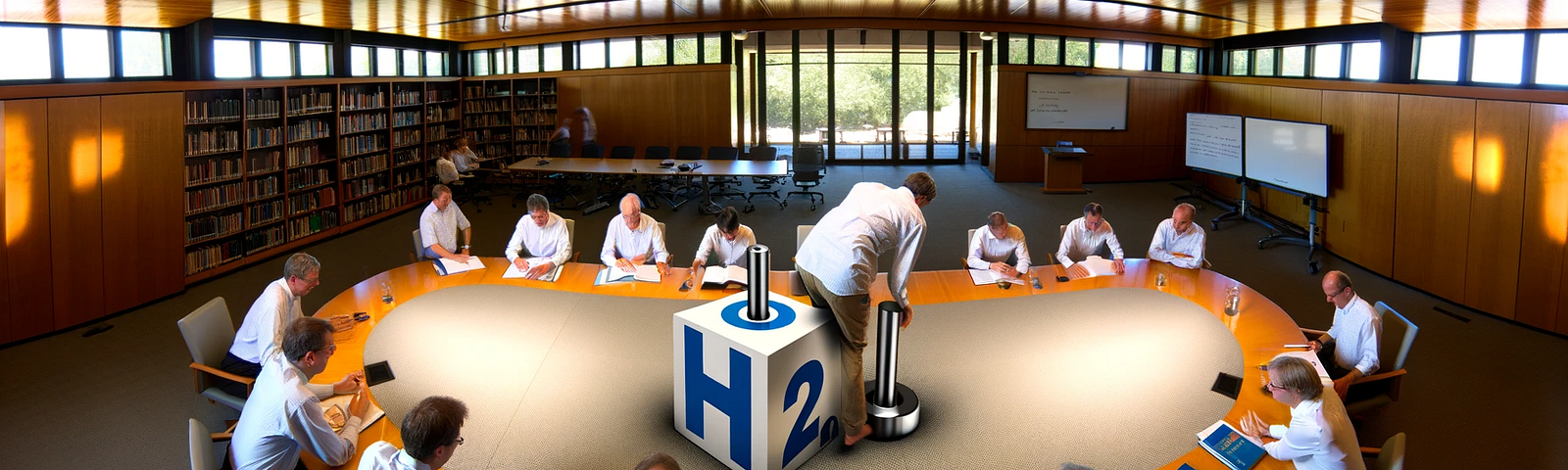 ChatGPT & Midjourney generated panoramic image of a think tank boardroom where shirt-sleeve-clad academics attempt to shove a square peg labeled “H2” into a round hole