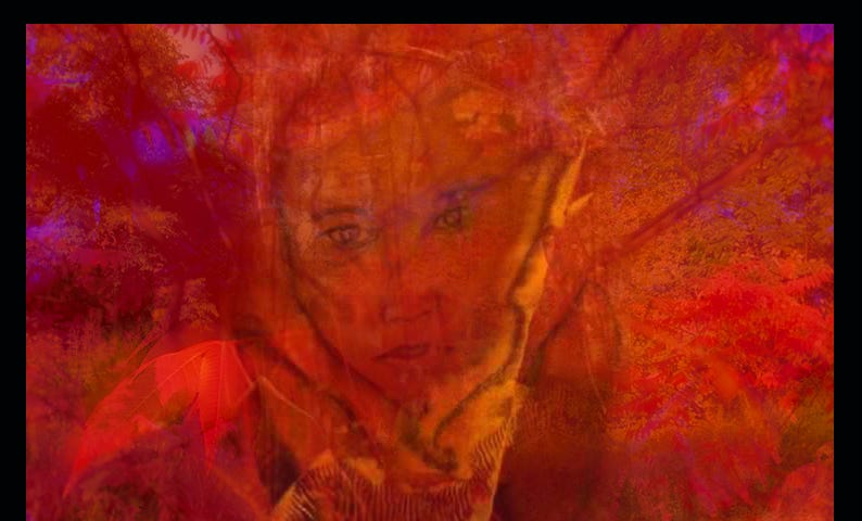 Photo and painting in one image. In Red. A painted child looking with open eyes deep within. Transparent layers of photos in red, leafs and branches. The Tao show the way to inner peace, thats the middle path.