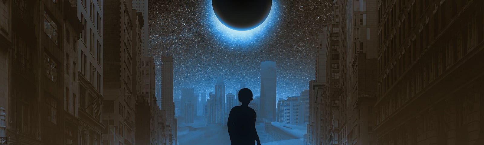 A night city street with a lunar eclipse centred in the sky above. A person is silhouetted walking away from the viewer.
