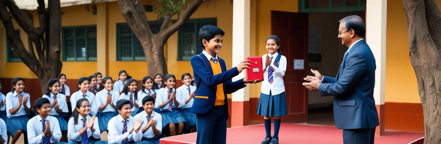 An AI generated image of a school boy receiving a Prize from a guest.