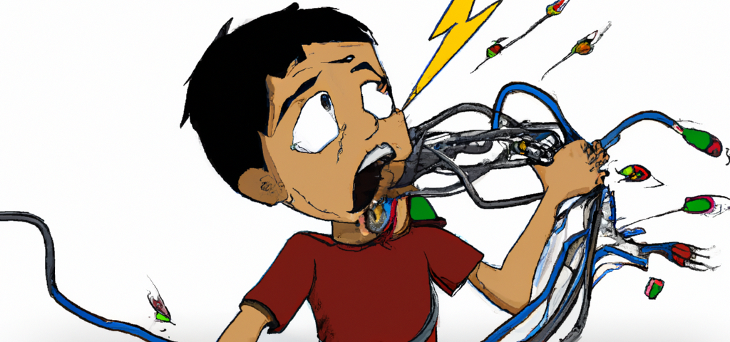 A young boy eating electric cords