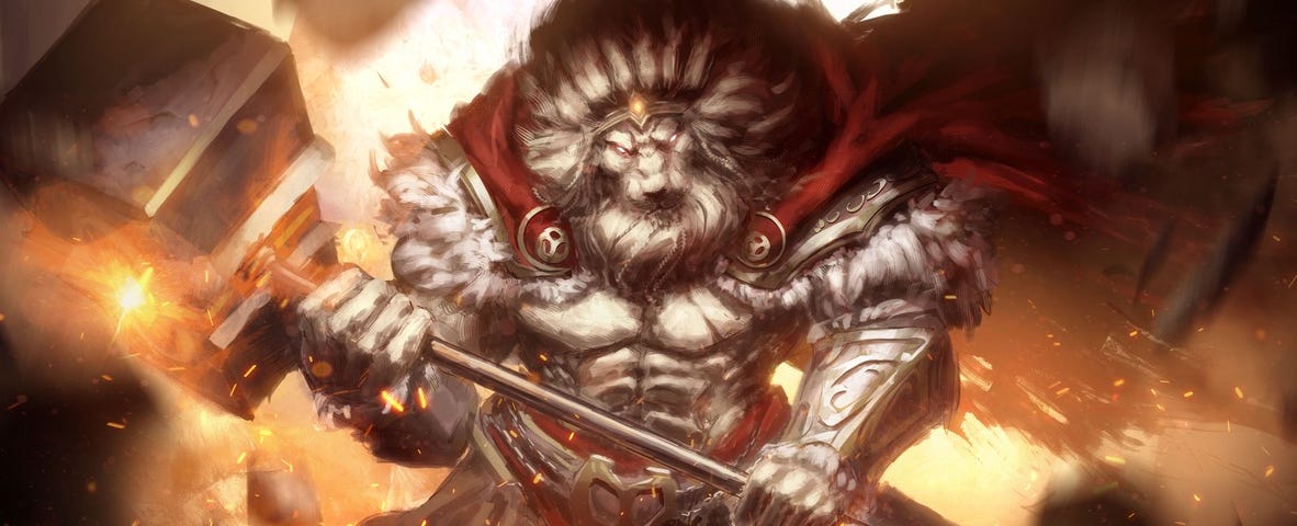 Image: A huge lion-warrior brandishing a huge hammer as his tattered red cloak billows out behind him and embers fill the sky.