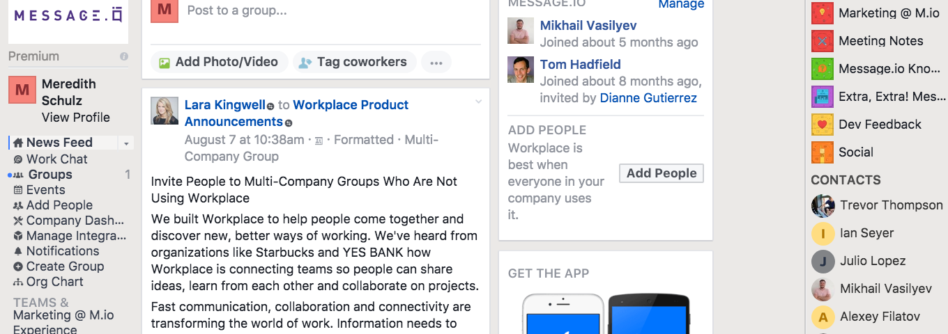 Example of Message.io on Workplace by Facebook