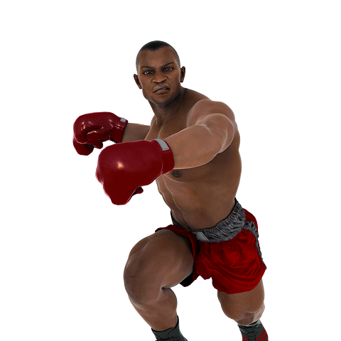 A caricature of a boxer about to deliver a punch and leaning toward the reader, red trunks, red gloves … mean looking!