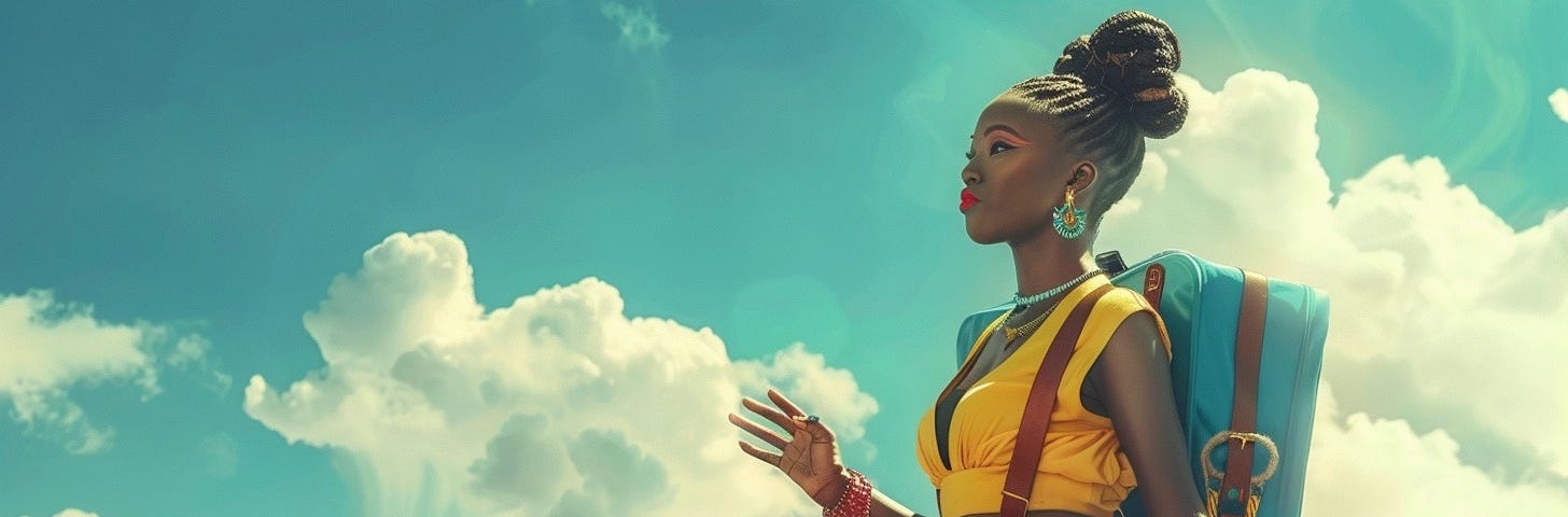 A woman who looks like a superhero in front of the cloudy sky.