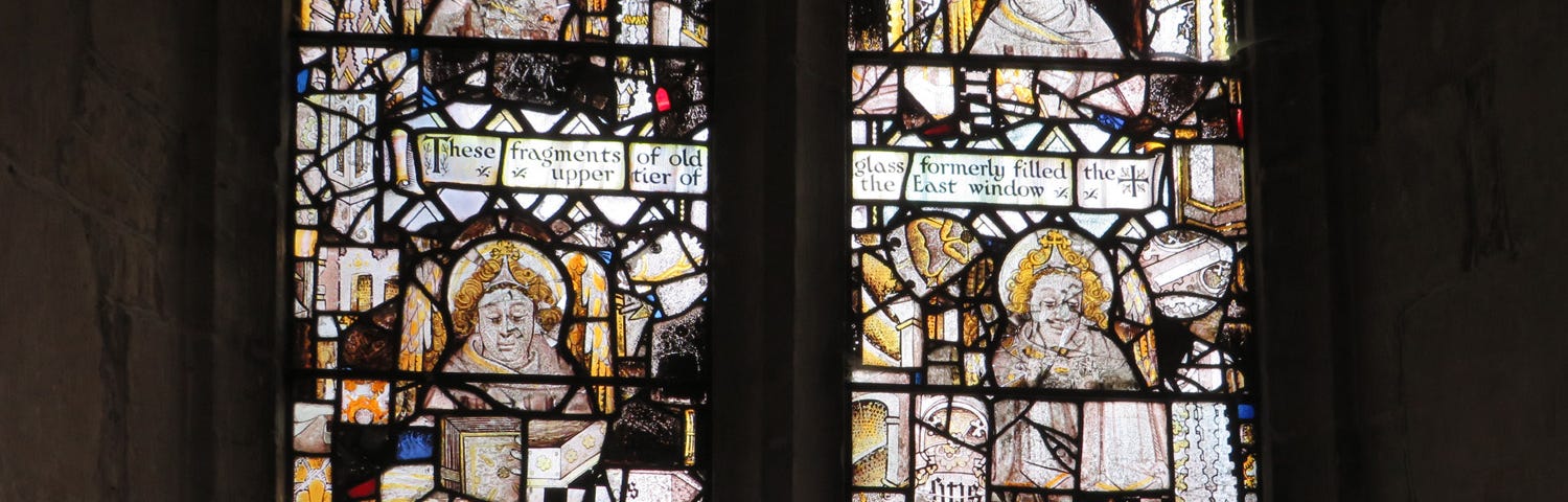 A medieval stained glass window made of fragments from the blast of a World War II bomb blast.