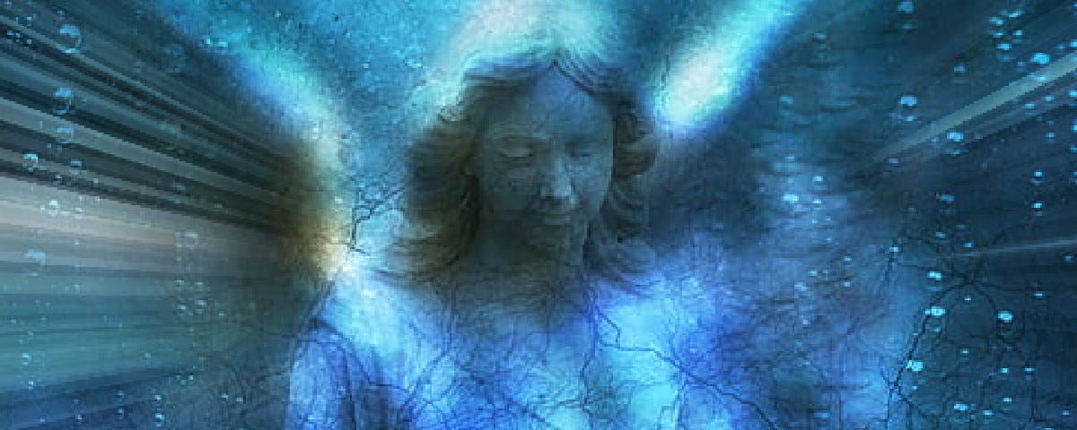 Translucent angel looking down on shimmering blue background.